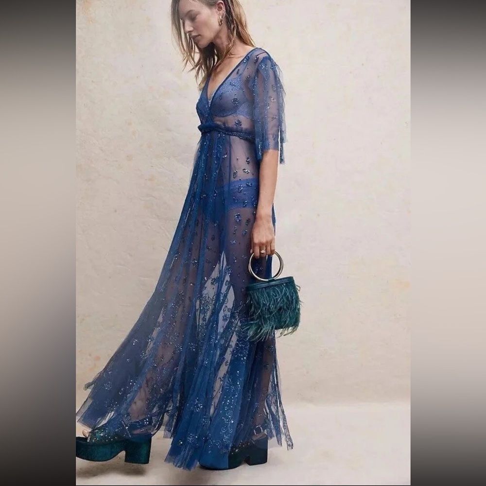Free People Sheer Embellished Maxi Dress in Deep Blue